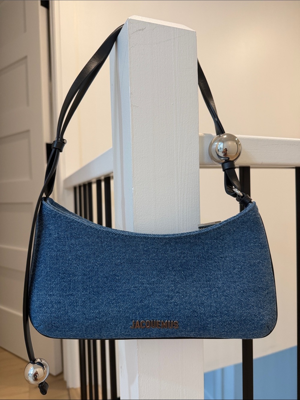 Jacquemus Blue Denim Crescent Shoulder Bag with Black Strap